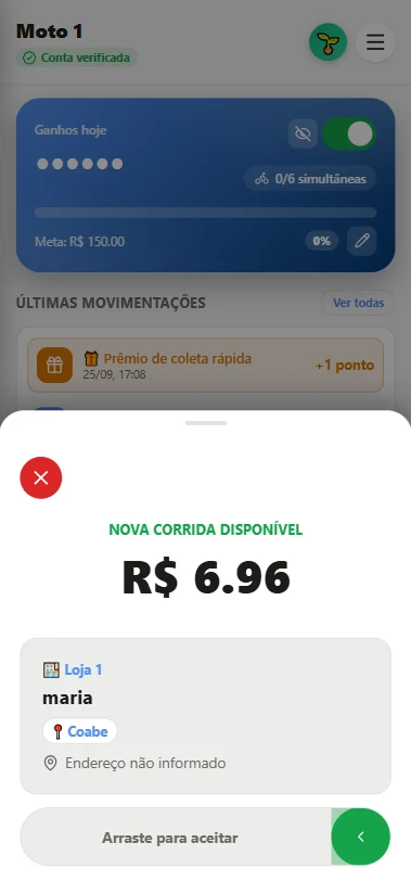 App do entregador mostrando uma nova corrida disponível de R$ 6,96, com o botão arraste para aceitar.
