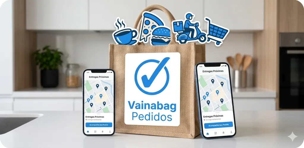 Sacola da Vainabag Pedidos entre dois celulares com o app do cliente acompanhando entregas no mapa.