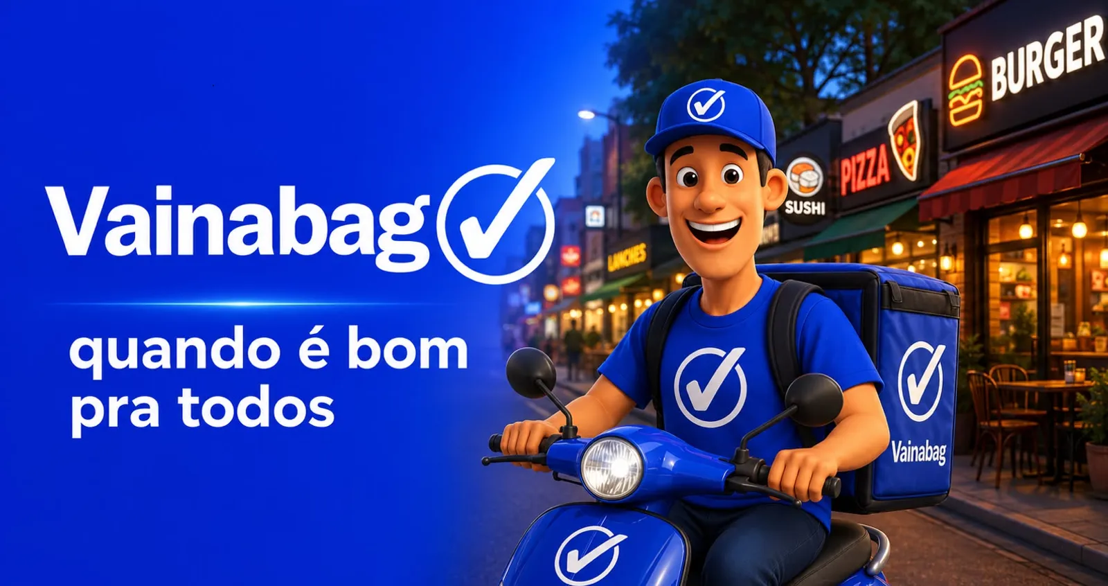 Entregador da Vainabag de moto, com boné, camiseta e bag da marca, numa rua de restaurantes à noite. Texto: Vainabag, quando é bom pra todos.